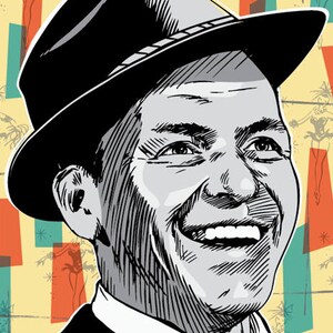 May include: A black and white illustration of a man wearing a fedora and a suit. He is smiling and has a mustache. The background is a yellow and orange geometric pattern.