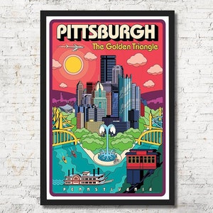 May include: A retro-style illustration of the Pittsburgh skyline, featuring the Golden Triangle, bridges, a fountain, a riverboat, and a funicular. The text "Pittsburgh" and "The Golden Triangle" are featured in a bold, colorful font. The text "Pennsylvania" is featured at the bottom of the image.