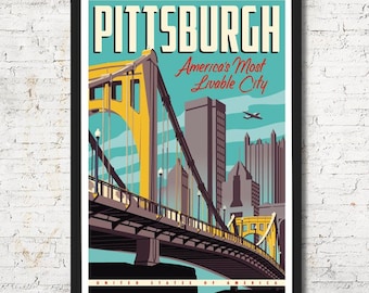 Pittsburgh Travel Poster, Vintage City Skyline Art Print