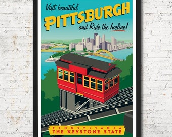 Pittsburgh Travel Poster, Vintage Style Skyline Art Print