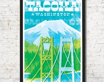 Tacoma Narrows Bridges, Tacoma poster, Tacoma wall art, Tacoma art print, Poster, Tacoma skyline, Tacoma art, Wall decor, Gift, Home decor