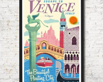 Venice Italy Travel Poster, Colorful Skyline Art Print