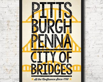 Pittsburgh City of Bridges Poster, Rustic Wall Art