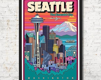 Seattle Skyline Art Print, Pop Art Travel Poster