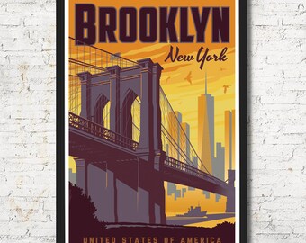 Vintage Brooklyn Travel Poster, New York City Skyline Art