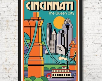 Cincinnati Skyline Poster, Vintage Travel Art Print