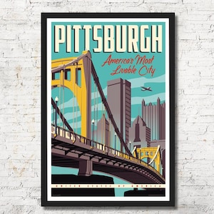 Pittsburgh Travel Poster, Vintage City Skyline Art Print