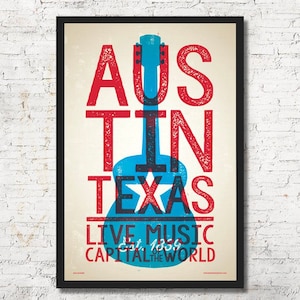 Rustic Austin Texas Poster, Guitar Skyline Wall Art