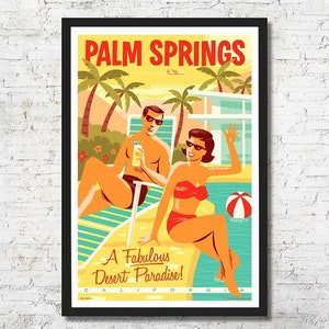Palm Springs poster, Palm Springs wall art, Palm Springs art print, Palm Springs skyline, Palm Springs, Wall decor, Gift, Home decor, mid century modern, MCM, minimalist, breeze block, modern house,  pool, desert, palm trees, mountains, travel poster