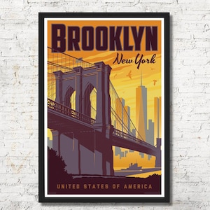 Brooklyn Print, Brooklyn Vintage Travel Poster, Brooklyn Art, Brooklyn Poster, New York City Skyline Wall Art, Home Decor, New York