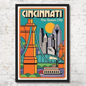 Cincinnati poster, Cincinnati wall art, Cincinnati art print, Poster, Cincinnati skyline, Cincinnati print, Wall decor, Home decor, Ohio, pop art, minimalist, Roebling Bridge, Steamboat, Queen City, Ohio River, Great American Tower, travel poster