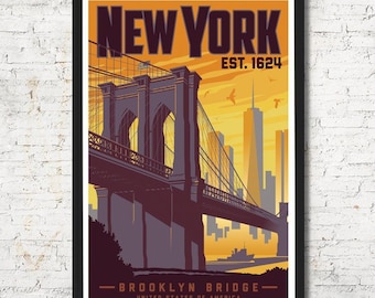 New York Skyline Vintage Travel Poster, Brooklyn Bridge Art Print