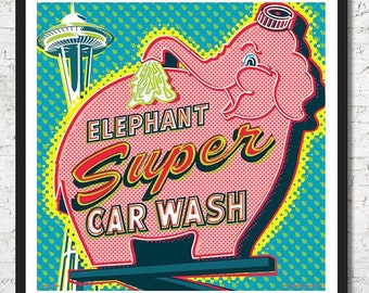 Elephant Car Wash, seattle print, Space Needle poster, Seattle wall art, Poster, Seattle art print, Seattle Wall Art, Wall decor, Home decor