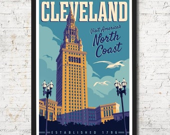 Pode incluir: Um cartaz de viagem vintage com uma ilustração estilizada da Terminal Tower em Cleveland, Ohio. O cartaz é azul, amarelo e branco com o texto "Cleveland", "Visite a costa norte da América" e "Estabelecido em 1796".
