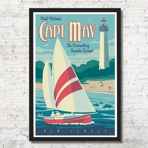 Cape May New Jersey Seaside Art Print, Lighthouse & Sailboat Wall Decor