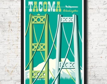 Tacoma Narrows Bridges, Tacoma poster, Tacoma wall art, Tacoma art print, Poster, Tacoma skyline, Tacoma art, Wall decor, Gift, Home decor