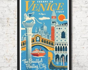 Venice Italy Art Print, Colorful Travel Poster, Skyline Wall Decor