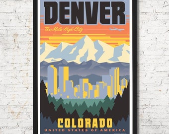 Denver Travel Poster, Vintage Style Skyline Art Print