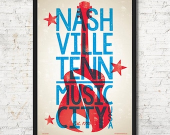 Nashville Music City USA Poster, Rustic Tennessee Wall Art