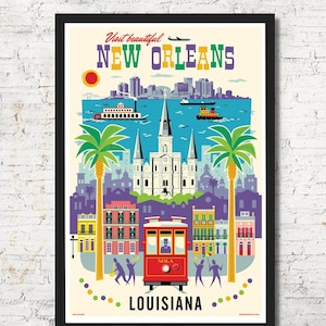 Colorful New Orleans Skyline Art Print, Louisiana Home Decor
