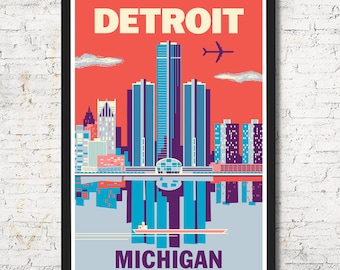Vintage Detroit Skyline Poster, Michigan Travel Art Print