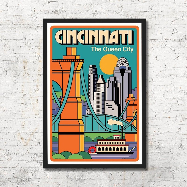 Cincinnati poster, Cincinnati wall art, Cincinnati art print, Poster, Cincinnati skyline, Cincinnati print, Wall decor, Home decor, Ohio, pop art, minimalist, Roebling Bridge, Steamboat, Queen City, Ohio River, Great American Tower, travel poster