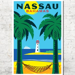 Nassau poster, Nassau wall art, Nassau art print, Nassau decor, Nassau, Nassau gift, Nassau wall art, Bahamas poster, Bahamas print, travel poster, palm trees, beach, lighthouse, St. Thomas, St. John, Atlantis, travel poster, Cruise, colorful, beach