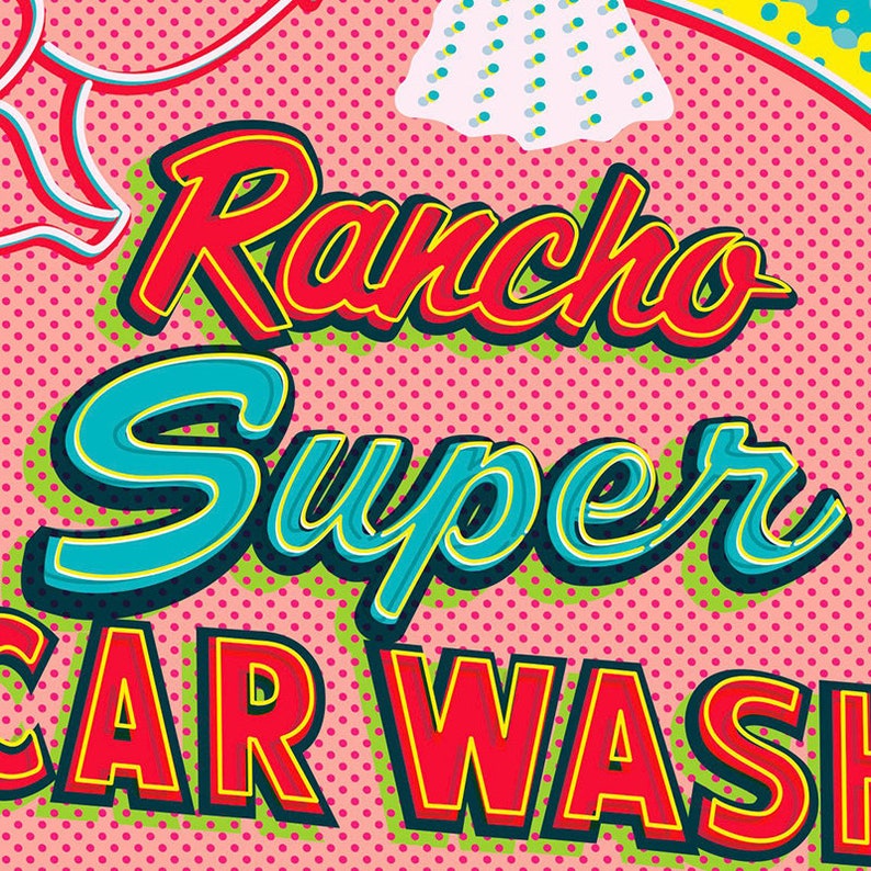 Elephant Car Wash, Rancho Mirage, Palm Springs Print, Palm Springs Poster, Palm Springs Wall Art, Wall decor, Gift, Home decor, neon, pop art, colorful, square, sign, car wash, rancho mirage, palm trees, car wash