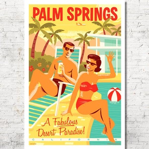 Palm Springs poster, Palm Springs wall art, Palm Springs art print, Palm Springs skyline, Palm Springs, Wall decor, Gift, Home decor, mid century modern, MCM, minimalist, breeze block, modern house,  pool, desert, palm trees, mountains, travel poster