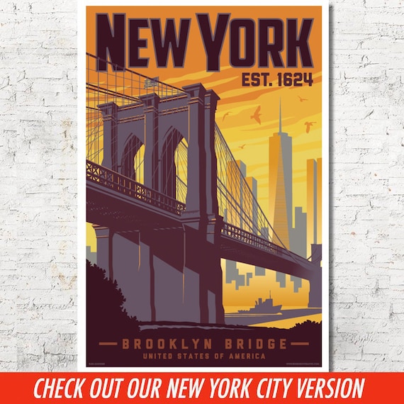 Vintage Brooklyn Travel Poster, New York City Skyline Art - Etsy