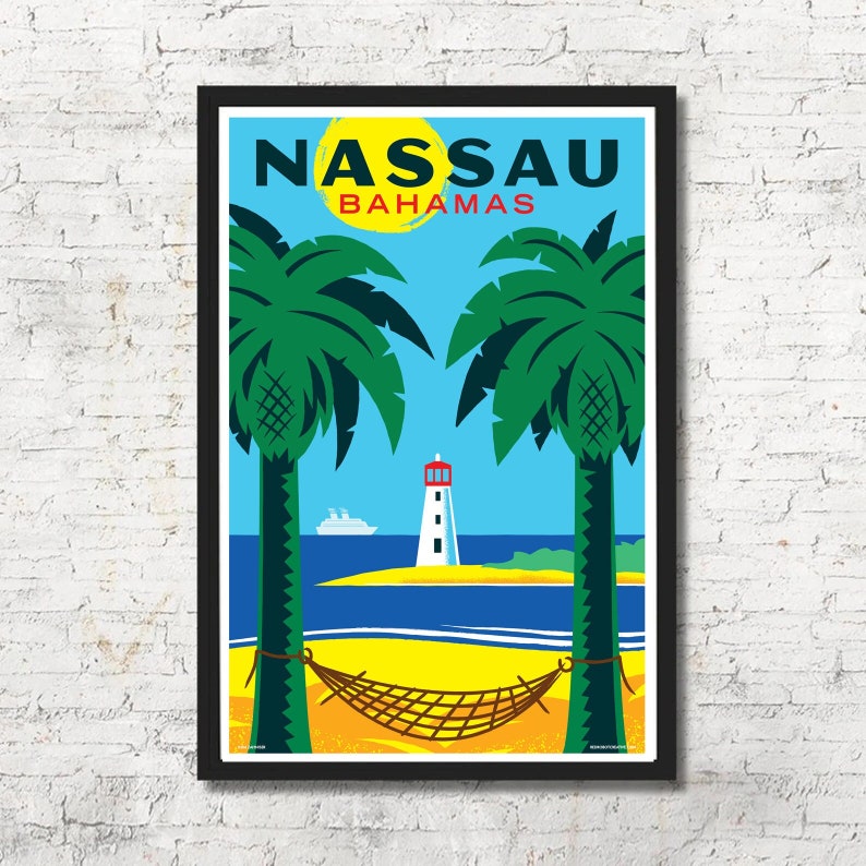 Nassau poster, Nassau wall art, Nassau art print, Nassau decor, Nassau, Nassau gift, Nassau wall art, Bahamas poster, Bahamas print, travel poster, palm trees, beach, lighthouse, St. Thomas, St. John, Atlantis, travel poster, Cruise, colorful, beach
