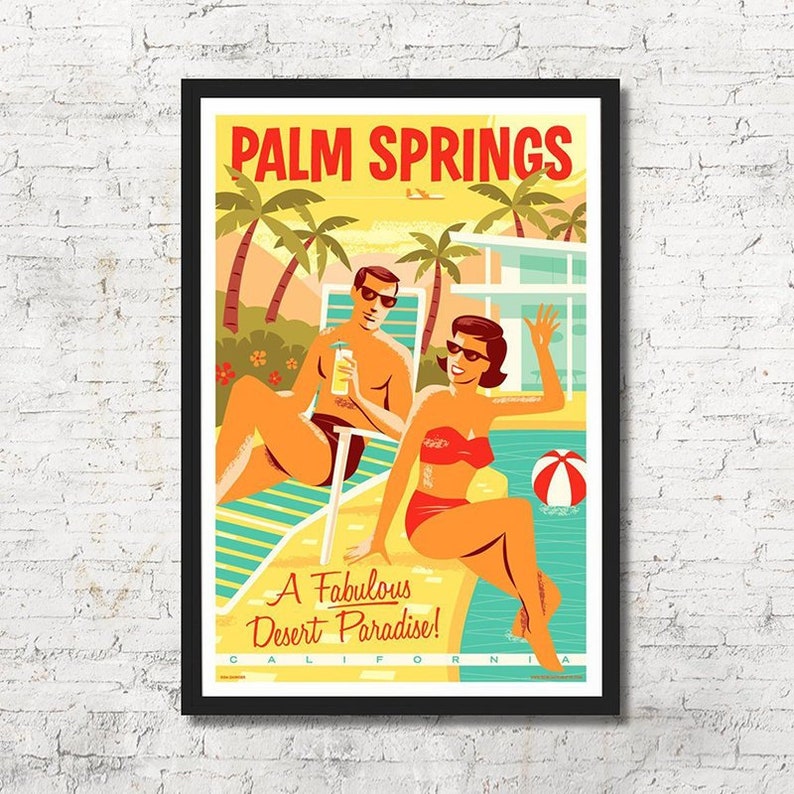 Palm Springs poster, Palm Springs wall art, Palm Springs art print, Palm Springs skyline, Palm Springs, Wall decor, Gift, Home decor, mid century modern, MCM, minimalist, breeze block, modern house,  pool, desert, palm trees, mountains, travel poster