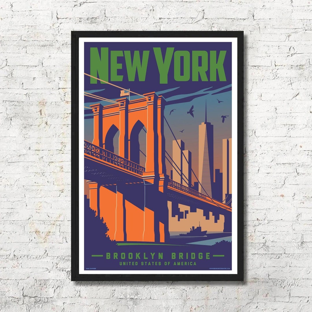 Vintage New York Travel Poster, Brooklyn Bridge Art Print - Etsy