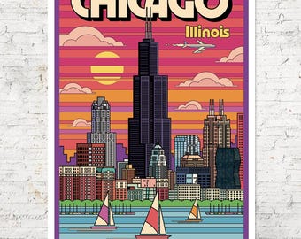 Chicago Skyline Poster, Colorful Pop Art Print