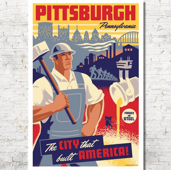 Vintage Pittsburgh Travel Poster, Steel City Skyline Art Print - Etsy