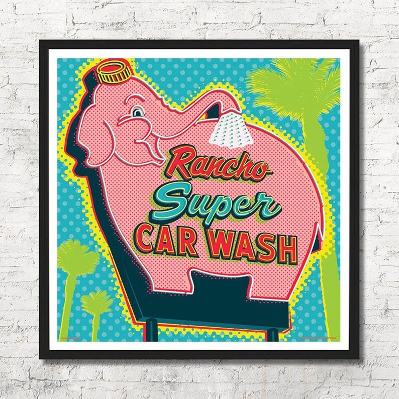 Elephant Car Wash, Rancho Mirage, Palm Springs Print, Palm Springs Poster, Palm Springs Wall Art, Wall decor, Gift, Home decor, neon, pop art, colorful, square, sign, car wash, rancho mirage, palm trees, car wash