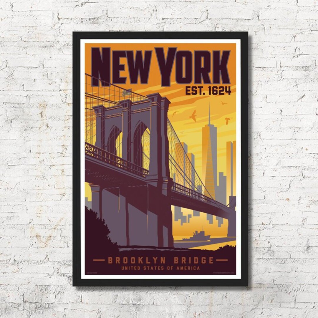 New York Skyline Vintage Travel Poster, Brooklyn Bridge Art Print - Etsy