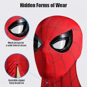 Puede incluir: Disfraz de Spider-Man rojo y negro con un dise&ntilde;o de malla para un amplio campo de visi&oacute;n y una cremallera invisible. El disfraz tiene un patr&oacute;n de telara&ntilde;a y el texto "Hidden Forms of Wear" y "Invisible zipper Easy to put on".