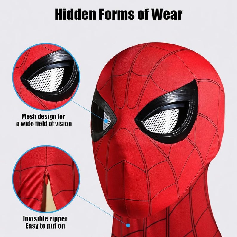 Puede incluir: Disfraz de Spider-Man rojo y negro con un dise&ntilde;o de malla para un amplio campo de visi&oacute;n y una cremallera invisible. El disfraz tiene un patr&oacute;n de telara&ntilde;a y el texto "Hidden Forms of Wear" y "Invisible zipper Easy to put on".