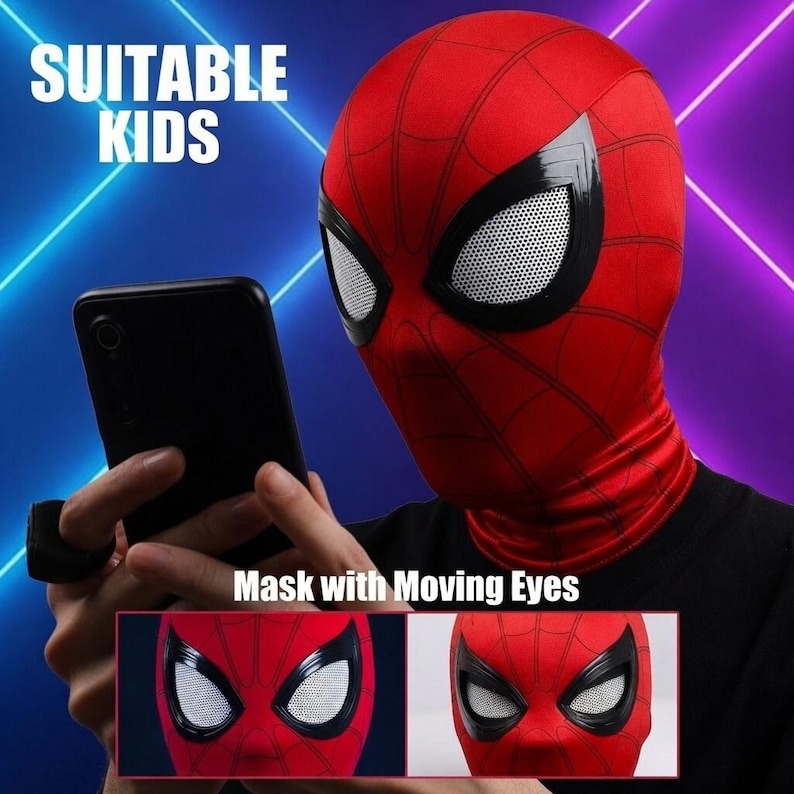 Máscara facial completa de superhéroe con ojos móviles y control de barbilla - Máscara transpirable roja de superhéroe para fiestas de Halloween para niños imagen 4