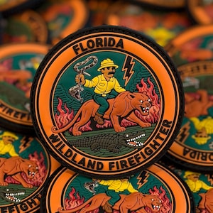 May include: A circular rubber patch with an orange border and a teal center. It features a firefighter in a yellow shirt riding a panther through flames, holding a snake, with an alligator below. Text reads FLORIDA WILDLAND FIREFIGHTER.