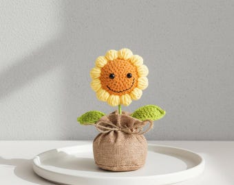 Crochet Sunflower Puff Flower Pot, Handmade Yarn Bloom Decor, Cute Desk Plant Accent,for Her,kid,Girlfriend,Friend,mom