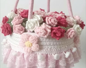 Handwoven Lace Tote, Crochet Floral Carrier, Cottagecore Handheld Hamper, Boho Market Organizer, Spring Picnic Accessory, Artisan Gift