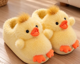 Yellow Duck Plush Slippers for Kids, Cute 3D Beak Animal House Shoes for Boys and Girls, Christmas Gift for Son or Daughter