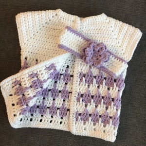 Handmade Crochet Baby Cardigan: Lavender & White Newborn Gift Set