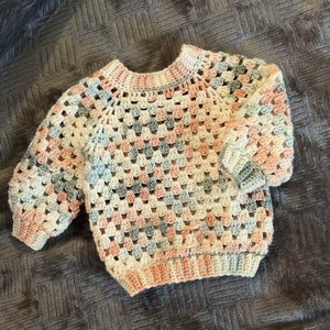 Crochet Sweater Baby Cardigan Childs Pullover Handmade Baby Gift Toddler Size 18-24 Months Mini Granny Stitch Pullover Sweater Coral