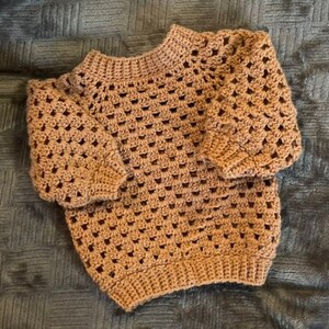 Crochet Sweater Baby Cardigan Childs Pullover Handmade Baby Gift Toddler Size 18-24 Months Mini Granny Stitch Pullover Sweater Cinnamon