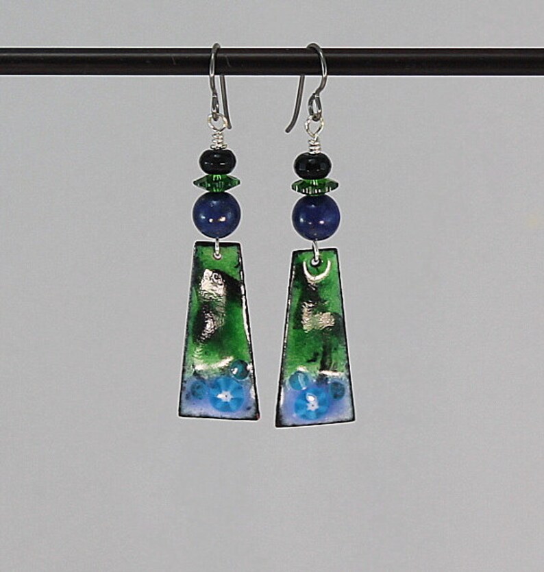 Enameled Earrings Green And Blue Enamel Earring Dangle Lapis Black Onyx Blue and Green