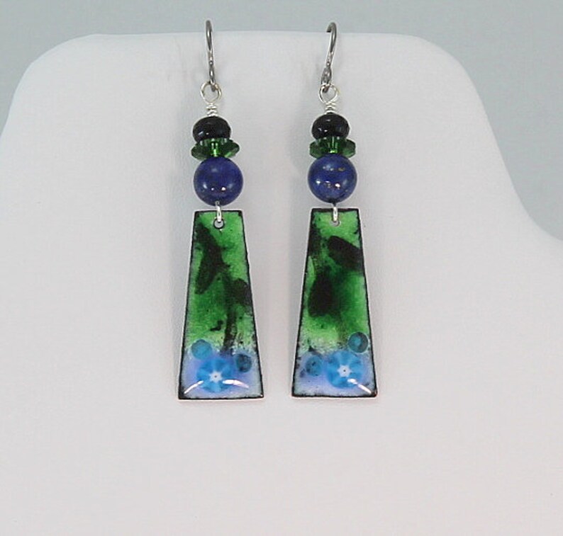 Enameled Earrings Green And Blue Enamel Earring Dangle Lapis Black Onyx Blue and Green