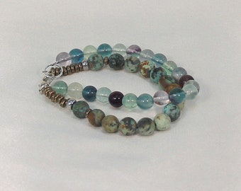 2 strand bracelet, turquoise bracelet, fluorite bracelet, green and purple bracelet.